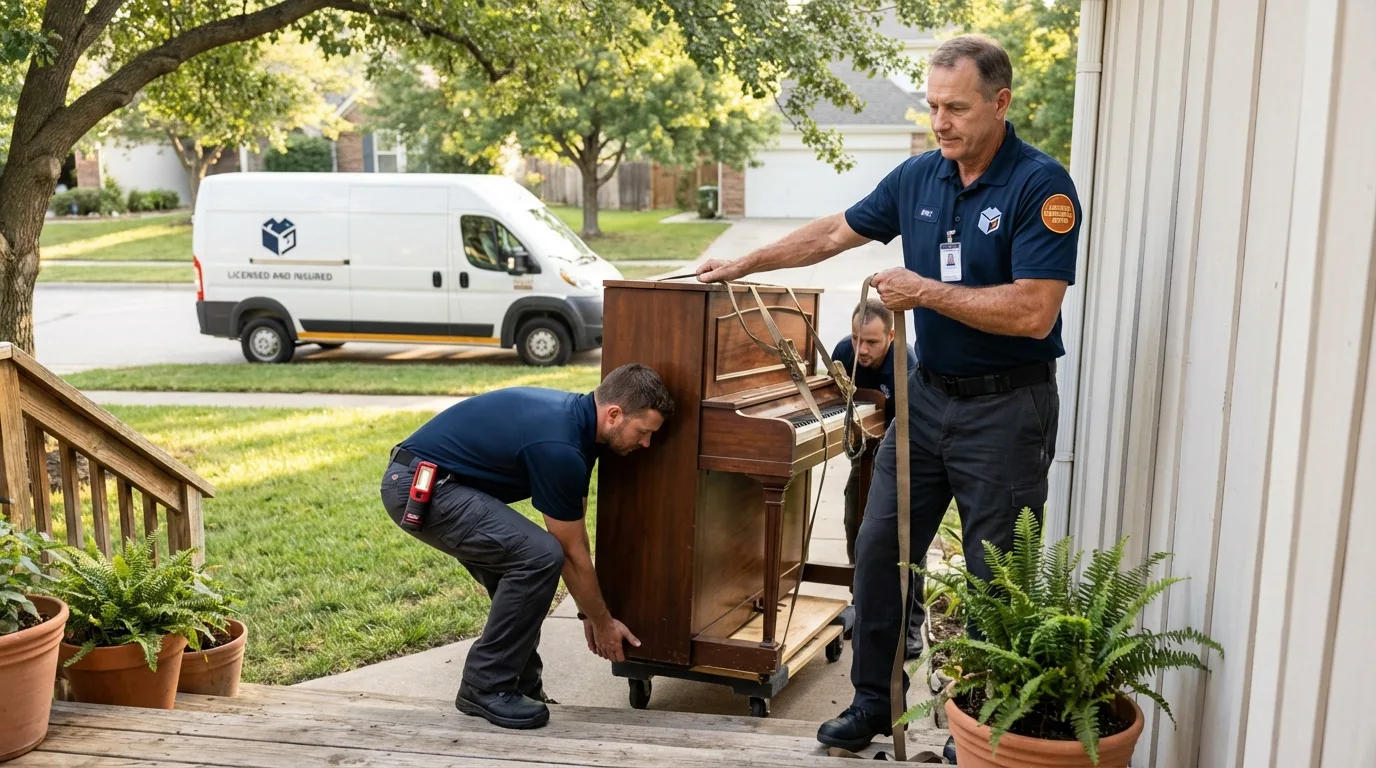 Licensed piano movers securing grand piano in Comanche, TX