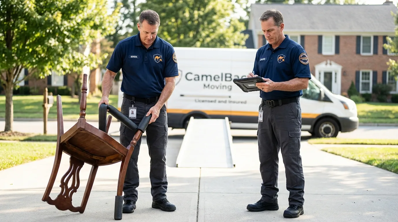Movers inspecting furniture for damage prevention before loading in Comanche, TX