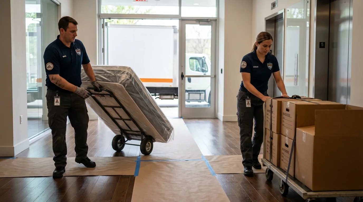 Professional apartment movers loading elevator in Comanche, TX